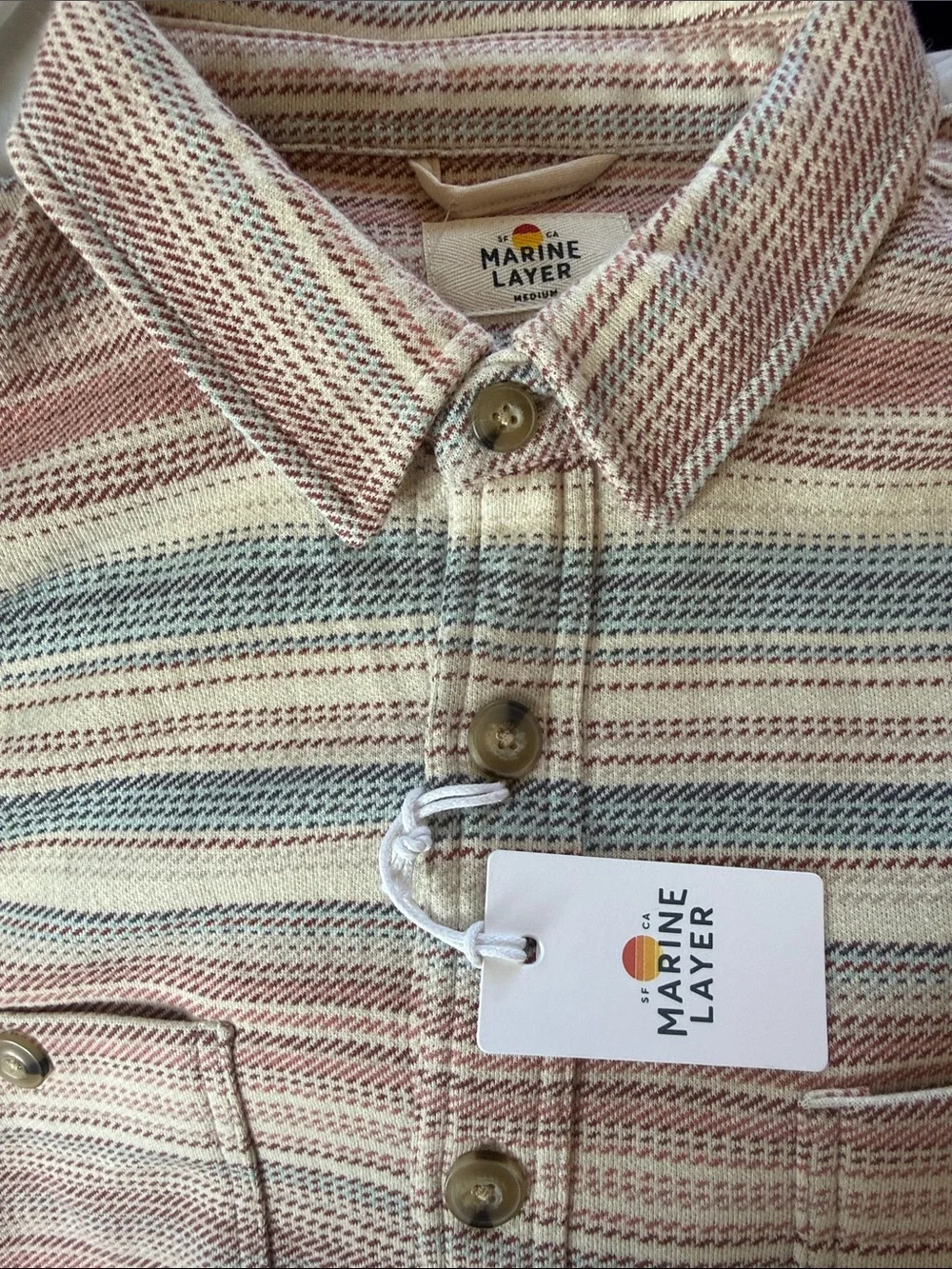 MARINE LAYER Mens Pacifica Stretch Twill Shirt Warm Baja Stripe Medium NWT